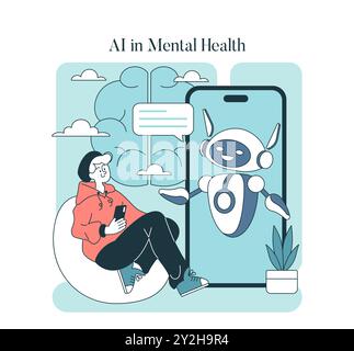 Künstliche Intelligenz unterstützt emotionales Wohlbefinden, indem eine Person auf einem Smartphone mit einem fröhlichen Chatbot interagiert. Vektorabbildung. Stock Vektor