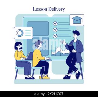Lehreralltagskonzept. Der Pädagoge führt eine motivierende Lektion durch, während die Schüler aktiv teilnehmen. Eine interaktive Präsenzsitzung mit visuellen Hilfsmitteln. Vektorabbildung. Stock Vektor