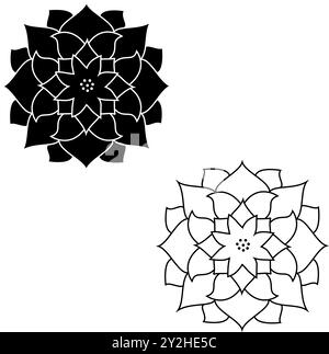 Lotusblütensymbol. Darstellung des Lotusblütenlogos, isoliert auf weißem Hintergrund. Zeichnungslinie, Lila, schwarz Stock Vektor