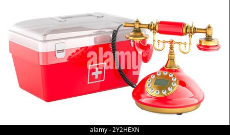 Erste-Hilfe-Kasten mit Retro-Telefon. Erste Hilfe, Konzept. 3D-Rendering isoliert auf weißem Hintergrund Stockfoto