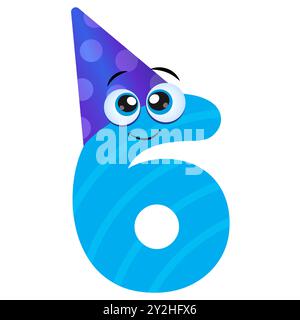 Einladung zur sechsten Geburtstagsparty mit blauer Nummer sechs mit lustigen Augen und Partyhut. Happy Birthday Card im Flat Cartoon Style. Vektorabbildung. Us Stock Vektor