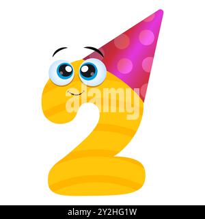 Niedliche gelbe lächelnde Nummer zwei mit Augen und festlichem Hut. Alles Gute zum Geburtstag 2 Jahre. Vektor flache Zeichentrickfigur Illustration Icon Design. Alles Gute zur Geburt Stock Vektor