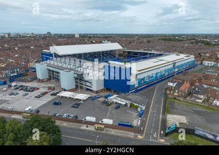 Aus der Vogelperspektive auf Goodison Park, Heimstadion des Everton Football Club, Liverpool, Großbritannien. Stockfoto