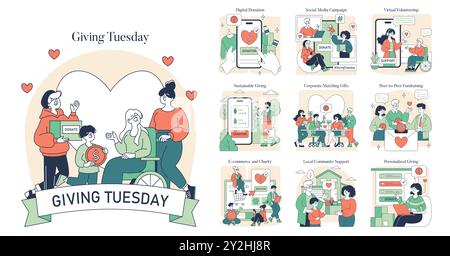Dienstag wird festgehalten. Die Abbildungen zeigen verschiedene Formen der Wohltätigkeit und Unterstützung, darunter digitale Spenden und nachhaltiges Spenden. Gemeinnützige und gemeindenahe Philanthropie. Vektorabbildung. Stock Vektor