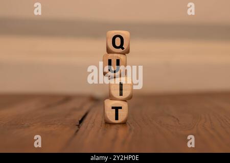 Ruhiges Verlassen. Cubes bilden das Wort Quiet Beenden. Umfangreiches Geschäftskonzept ruhiges Beenden in Bezug auf Arbeit und Einstellung zur IT Stockfoto