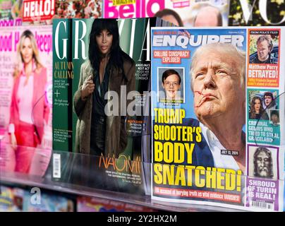 London UK, 4. September 2024: Donald Trump (ehemaliger US-Präsident und Reality-TV-Star) und Thomas Matthew verprügeln auf dem Titelblatt der Zeitung National Enquirer. Stockfoto