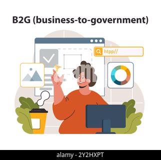 E-Store und E-Commerce. B2G- oder Business-to-Government-Marketingmodell. Unternehmen, das Waren, Dienstleistungen und Informationen an Behörden oder Behörden verkauft. Illustration des flachen Vektors Stock Vektor