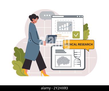 Healthtech. Innovative Diagnose- und Behandlungsmethoden. Telemedizin, Gesundheitsmonitoring, Laborforschung. Moderne Technologien zur Prävention und Behandlung von Krankheiten. Illustration des flachen Vektors Stock Vektor