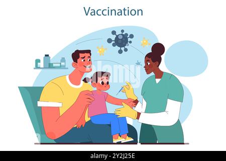 Kindergesundheit. Elternteil mit Kindern, die Kinderarzt oder Gesundheitsspezialist besuchen. Vater hält ein Baby und bekommt einen Impfstoff. Illustration des flachen Vektors Stock Vektor