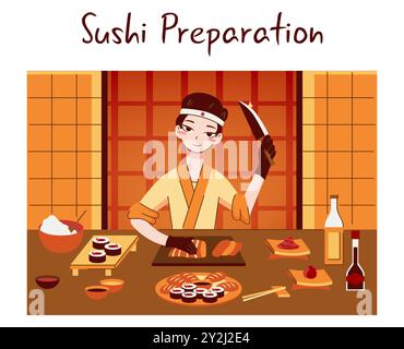 Sushi-Koch. Der Küchenchef des Restaurants kocht Brötchen und Sushi. Professioneller Arbeiter in der Küche. Japanische Küche, asiatische Küche. Illustration des flachen Vektors Stock Vektor