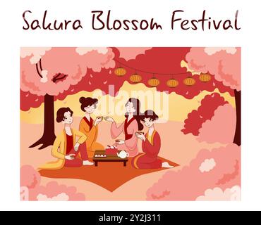 Asiatische Menschen genießen ihre Freizeit. Japanisches Paar genießt Hanami. Die Charaktere verbringen draußen unter blühenden Sakura-Bäumen Zeit zusammen. Familien-Picknick. Illustration des flachen Vektors Stock Vektor