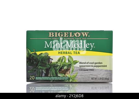 IRVINE, KALIFORNIEN - 6. SEPTEMBER 2024: Eine Schachtel Bigelow Mint Medley Kräutertee. Stockfoto