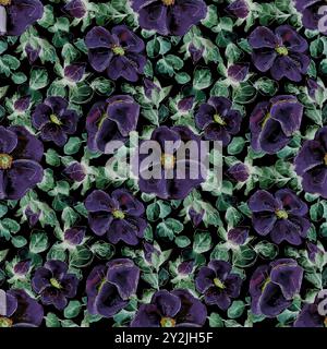 Nahtloses Neonmuster in Aquarellen mit handgezeichneten lila Wildrosen-Blüten für Ihren Druck und Ihr Textildesign. Blumen und Knospen, Hagebuttenblätter auf A Stockfoto
