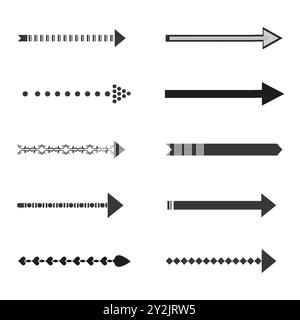 Dekorative Pfeilsymbole. Geometrische Formen und Muster. Kreative, richtungsorientierte Designs. Vektorsatz. Stock Vektor