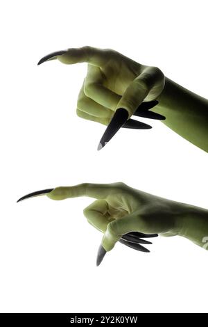 Zwei Hexenhände mit langen Nägeln, die in entgegengesetzte Richtungen zeigen. Die Handfarbe ist grün. Böse, Zombie- oder Monster-Hand isoliert über einem weißen Hintergraten Stockfoto