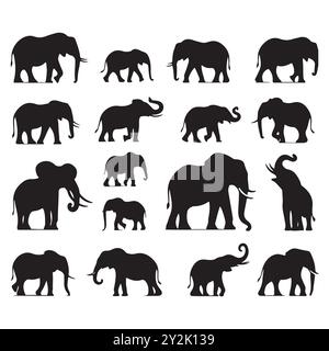 Set von Elefanten-Silhouetten isoliert auf einem weißen Hintergrund, Vektor-Illustration. Stock Vektor