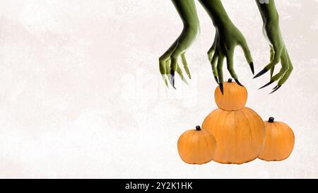 Hexenhand erreicht einen Stapel Kürbisse. Die Szene hat eine gruselige und gruselige Stimmung. Halloween-Konzept. Collage-Kunst Stockfoto