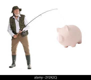 Fischer fangen Schweinebank mit Stange auf weißem Hintergrund. Geldjagd, Geschäftserfolg-Konzepte Stockfoto