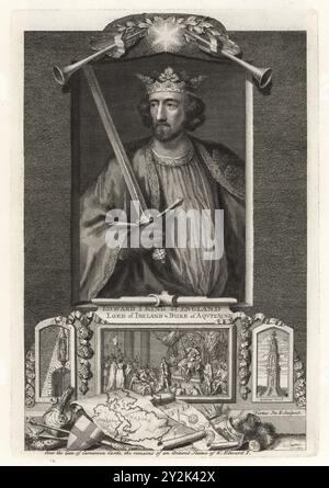 Edward I., Edward Longshanks, Hammer der Schotten, 1239–1307. König von England, Herr von Irland und Herzog von Aquitanien. Porträt des Königs mit Krone und Schwert, unter zwei Hörnern. Vignette seiner Krönung, seine Statue auf Carnavon Castle, Queens Cross, Karte von England und Irland, Disteln, Helm, Schild, Kampfaxt, mace usw. Kupferstich gezeichnet und graviert von George Vertue aus seinen Köpfen der Könige von England, passend für Mr Rapins Geschichte, übersetzt von N. Tindal, gedruckt für James, John and Paul Knapton, London, 1736. Stockfoto