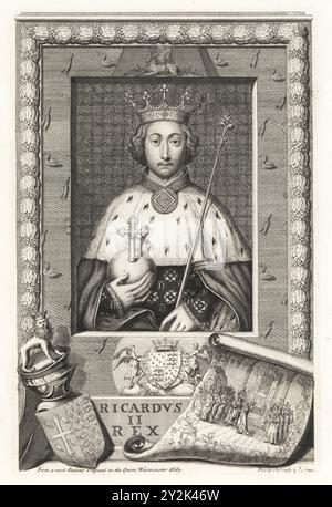 Richard II., König von England, Richard von Bordeaux, um 1367–1400. Ricardus II Rex. Porträt des Königs im Hermelinmantel mit Krone, Kugel und Zepter. Mit Vignette der Hofszene, Wappen, Ruder mit Löwenwappen. Von einem Gemälde in Westminster Abbey. Kupferstich gezeichnet und graviert von George Vertue aus seinen Köpfen der Könige von England, passend für Mr Rapins Geschichte, übersetzt von N. Tindal, gedruckt für James, John and Paul Knapton, London, 1736. Stockfoto