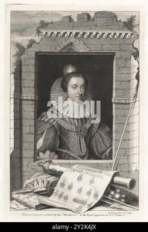 Elizabeth Stuart, Königin von Böhmen, 1596-1662. Elisabeth, Kurfürstin der Pfalz, die Winterkönigin. Brust mit Spitzenkragen, Perlenkette, geschlitztem Kleid. In einer ruinierten Mauer mit Kanone, Krone, Zepter, Bibel und Stammbaum. Nach einem Originalgemälde von Gerhard von Honthorst im St. James Palace. Kupferstich gezeichnet und graviert von George Vertue aus seinen Köpfen der Könige von England, passend für Mr Rapins Geschichte, übersetzt von N. Tindal, gedruckt für James, John and Paul Knapton, London, 1736. Stockfoto