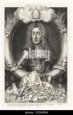 Jakob II., König von England, König Jakob VII. Oder Schottland, 1633–1701. James der zweite. Mit Puderperücke, Spitzenkragen, Rüstung. Nach einem Gemälde von Sir Godfrey Kneller für Sekretär Samuel Pepys. Mit Gehrung und Tasten oben, gebrochene Anker unten. Kupferstich gezeichnet und graviert von George Vertue aus seinen Köpfen der Könige von England, passend für Mr Rapins Geschichte, übersetzt von N. Tindal, gedruckt für James, John and Paul Knapton, London, 1736. Stockfoto