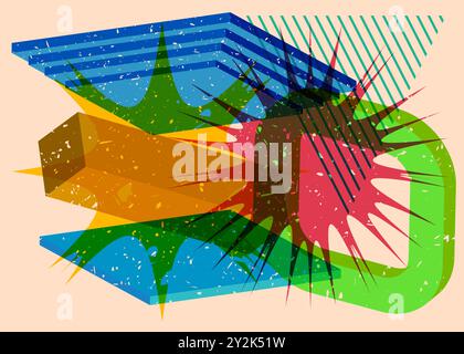 Farbenfrohe geometrische Formen. Objekt im trendigen Design des Riso-Diagramms. Geometrieelemente abstrakten den Texturstil des Risograph-Drucks. Stock Vektor