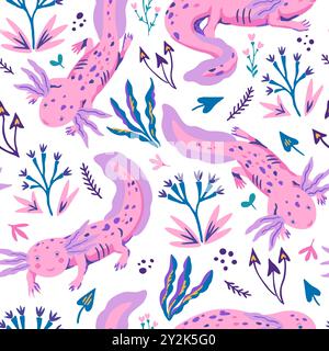 Handgezeichnetes nahtloses Muster mit Doodle-Axolotles und Pflanzen. Niedliche Vektorillustration im modernen Stil in zarten Pastellfarben. Stock Vektor