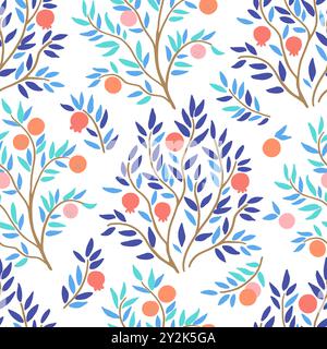 Trendiges nahtloses Muster mit Orangen- und Granatapfelbäumen. Niedliche Vektorillustration im modernen Stil in zarten Pastellfarben. Stock Vektor
