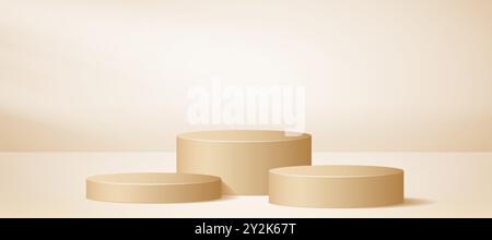 Drei Podiumhintergründe in hellbeiger Farbe. Studio 3D-Plattform-Bühnenkonzept. Weiche braune Zylindersockel-Szene für Poster, Banner, Modelldesign, Produktvorlage, Schaufenster-Display. Vektor Stock Vektor