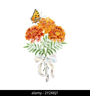 Ringelblumen Aquarell, Blumenstrauß gebunden mit einem Band, Schmetterling. Botanische Illustration isoliert. Geburtstagskarten, Hochzeitseinladungen, Briefe. Stockfoto