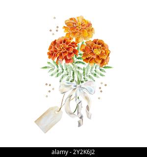 Ringelblumen Aquarell, Blumenstrauß gebunden mit Band und Tag. Handgezeichnete Abbildung isoliert. Für Geburtstagskarten, Hochzeitseinladungen, Cover. Stockfoto