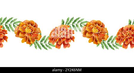 Ringelblumen nahtloser Rand. Handgezeichnete Aquarellillustration von orangen Blumen isoliert. Für Karten, Diwali-Tag, Tag der Toten, Banner, Textilien. Stockfoto