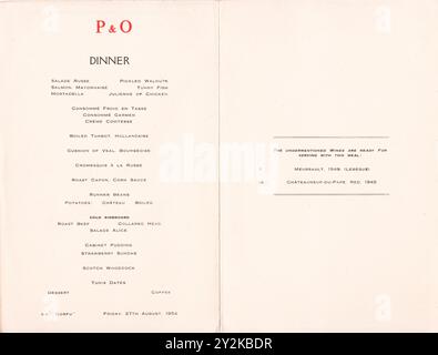 Vintage P&O Cruise Ocean Liner Dampfschiff Dinner Menü von der S.S. Korfu im Jahr 1954 Stockfoto