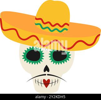 Sugar Skull mit Schnurrbart und Sombrero in trendigen mexikanischen Farben. Tag der toten Begrüßung. Vektorillustration isoliert auf weißen Karten, Poster, Flyer, Faltblatt, Banner, Label oder Web, Promo-Idee Stock Vektor