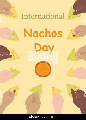 Internationaler Nachos-Tag die Menschen halten Spinat und Maistortilla-Chips rund um die Draufsicht. Vektor-Illustrationskarten, Poster, Banner, Promo-Broschüren, Poster oder Etikettendesign Stock Vektor