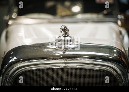 Verchromtes Jaguar-Kapuzenverzierung am Oldtimer. Hochwertiges Foto Nahaufnahme einer verchromten Jaguar Motorhaubenverzierung, die elegant auf der Motorhaube eines Vintage C thront Stockfoto