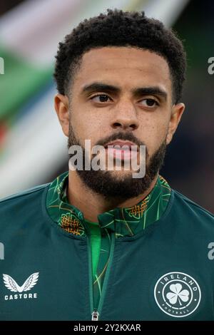 Dublin, Republik Irland. September 2024. Andrew Omobamidele von Irland während des Spiels der UEFA Nations League, Liga B, Gruppe B2 zwischen der Republik Irland und Griechenland im Aviva Stadium in Dublin, Republik Irland am 10. September 2024 (Foto: Andrew Surma/ Credit: SIPA USA/Alamy Live News Stockfoto