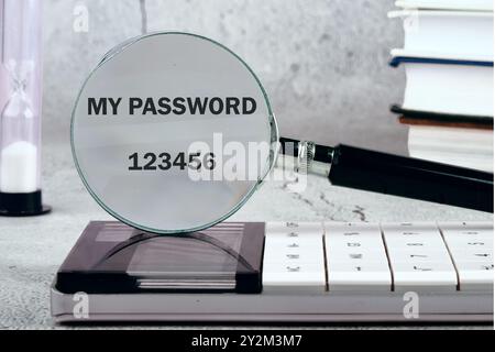 Easy Password-Konzept. Mein Passwort 123456 wurde durch eine Lupe-gla auf den Hintergrund geschrieben Stockfoto