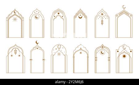 Ramadan-arabischer Boho-Bogen, muslimische Rahmen mit islamischen minimalen Mustergrenzen der Vektorlinie Eid Mubarak Laternen, Sterne und Mondsicheln. Goldene Fenster- und Türrahmen der muslimischen Moschee, ramadanbögen Stock Vektor