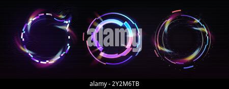 Kreisförmiger Rahmen mit Glitzer- und Neonlicht-Effekt. Digitale runde, geometrische Lichteinfassung mit Vintage-vhs-Verzerrung. Realistische Vektor-Illustration Set der Ringform mit gebrochenem Retro tv Bug Design. Stock Vektor