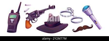 Private Detektiv- oder Spionageausrüstung - Walkie-Talkie-Radio und Handtaschenlampe, schwarzer Hut und falscher Schnurrbart, Handschellen und Pistole mit Kugeln. Cartoon-Vektor-Satz von Ermittler-Charakterwerkzeugen. Stock Vektor
