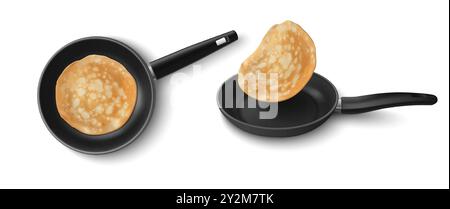 Gekochter Krepp auf schwarzer Pfanne mit Antihaft-Teflon-Beschichtung. Realistische 3D-Vektor-Illustration Set von Ready to eat heißen frisch gebratenen Pfannkuchen auf der Pfanne. Küchenausstattung mit Lebensmitteln. Stock Vektor