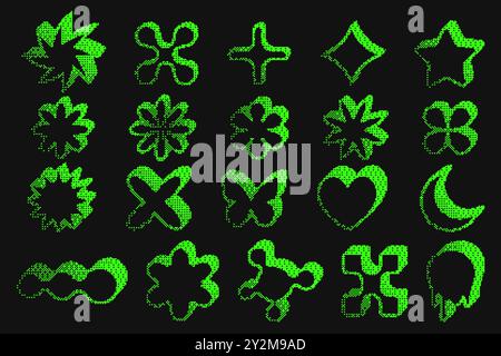 Bitmap-Musterformen. Herzstern und Blumen-Rasterverlaufselemente auf dunklem Hintergrund. Abstrakte Symbole im Jahr 2K-Format. Ein lauter Stern mit Grunge Stock Vektor