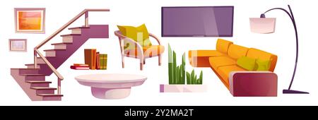 Wohnzimmermöbel und Designelemente. Zeichentrickvektor-Illustration Satz von Haus oder Hotel moderne Schränke - gelbes Sofa und Sessel, Treppe und tv, Tisch und Stehleuchte, Bild und Pflanze Stock Vektor