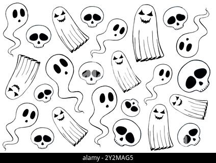 Doodle Set aus verschiedenen Geistern und Schädeln. Halloween-Elemente. Schwarz auf weißem Hintergrund. Konturzeichnungen und das Füllen von Augen, Nasen, Lächeln. Diffe Stockfoto