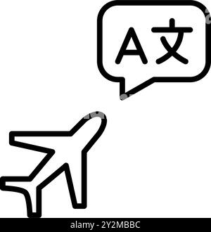 Fliegendes Flugzeug und Sprechblase mit lateinischem Buchstaben und chinesischem Schriftzeichen. Austauschprogramme für Fremdsprachen. Globale Zusammenarbeit Stock Vektor