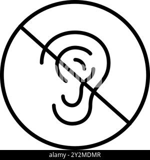 Ohr mit diagonaler Linie überkreuzt. Stummgeschalteter Ton oder Benachrichtigungston aus, Hörbehinderung, Privatsphärenmodus ohne Abhören. Pixel perfekt, bearbeiten Stock Vektor