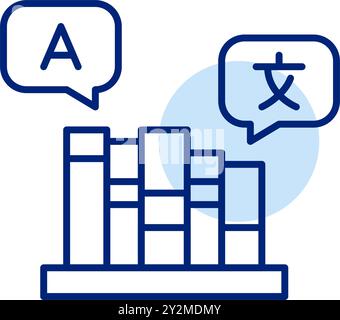 Bücher im Regal und Sprechblasen mit lateinischem Buchstaben und chinesischem Schriftzug. Fremdsprachenlernen, Übersetzungen und Wörterbücher. Pixel perfekt, Ed Stock Vektor