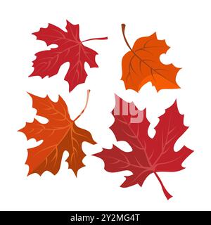 Vektor herbstliche rote und orange trockene Ahornblätter. Clipart ist auf weißem Hintergrund. Isolierte flache Illustration mit braunen Pflanzen für Design, Grußkarte, Stock Vektor